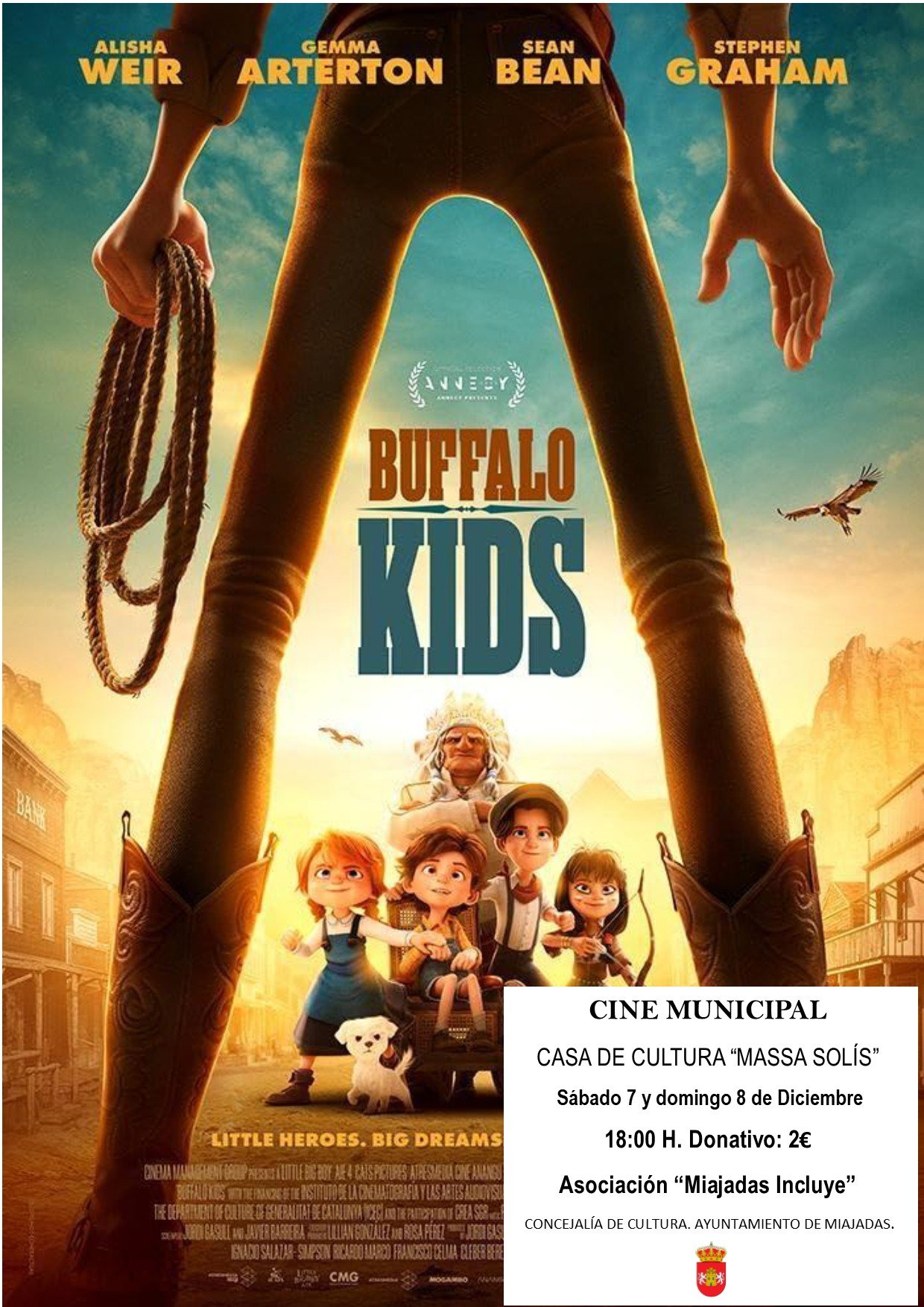 Cartelera de cine para este fin de semana: «Buffalo Kids» en sesión de tarde, un evento benéfico para Miajadas.