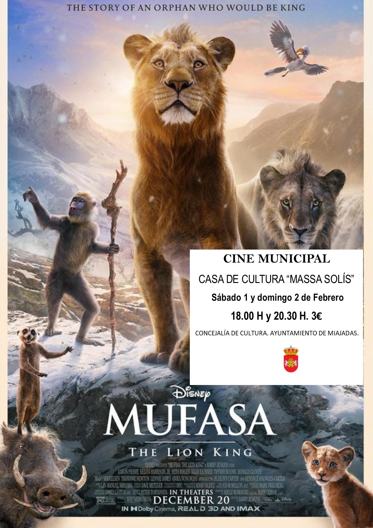 Cartelera de cine para este fin de semana: «Mufasa: el Rey León» en todas las sesiones, una aventura familiar inolvidable.