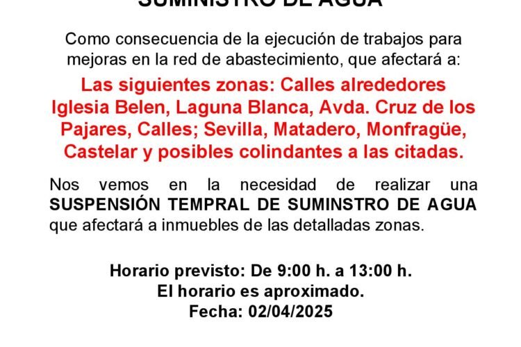 Mañana por la mañana, se interrumpirá el suministro de agua en varias zonas de la localidad debido a obras de mantenimiento.