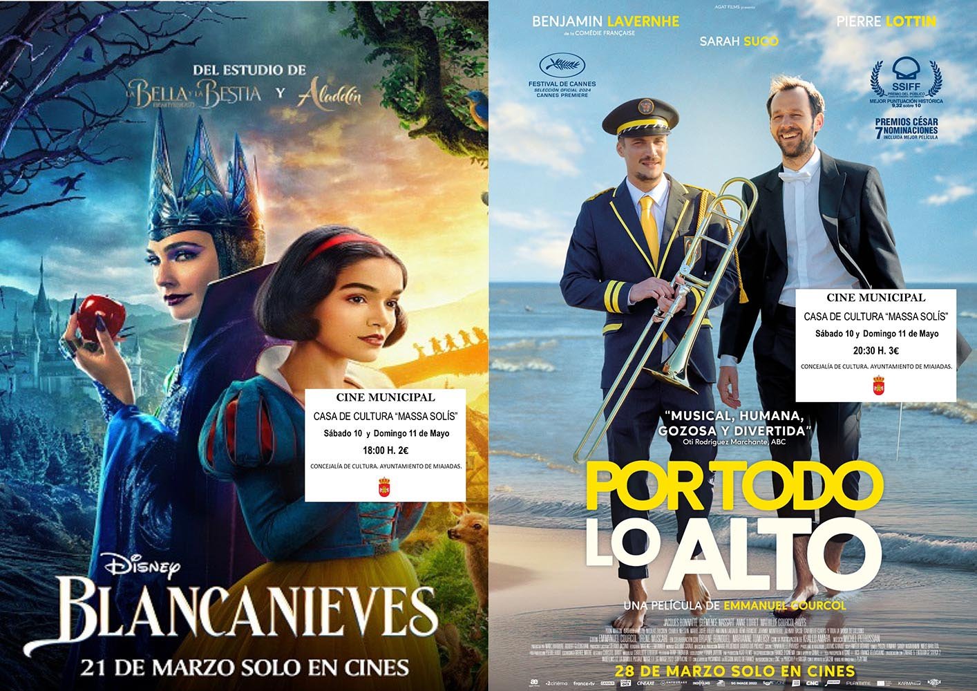 Cartelera de cine para este fin de semana: Descubre «Blancanieves» y «Por todo lo alto» en una noche inolvidable.