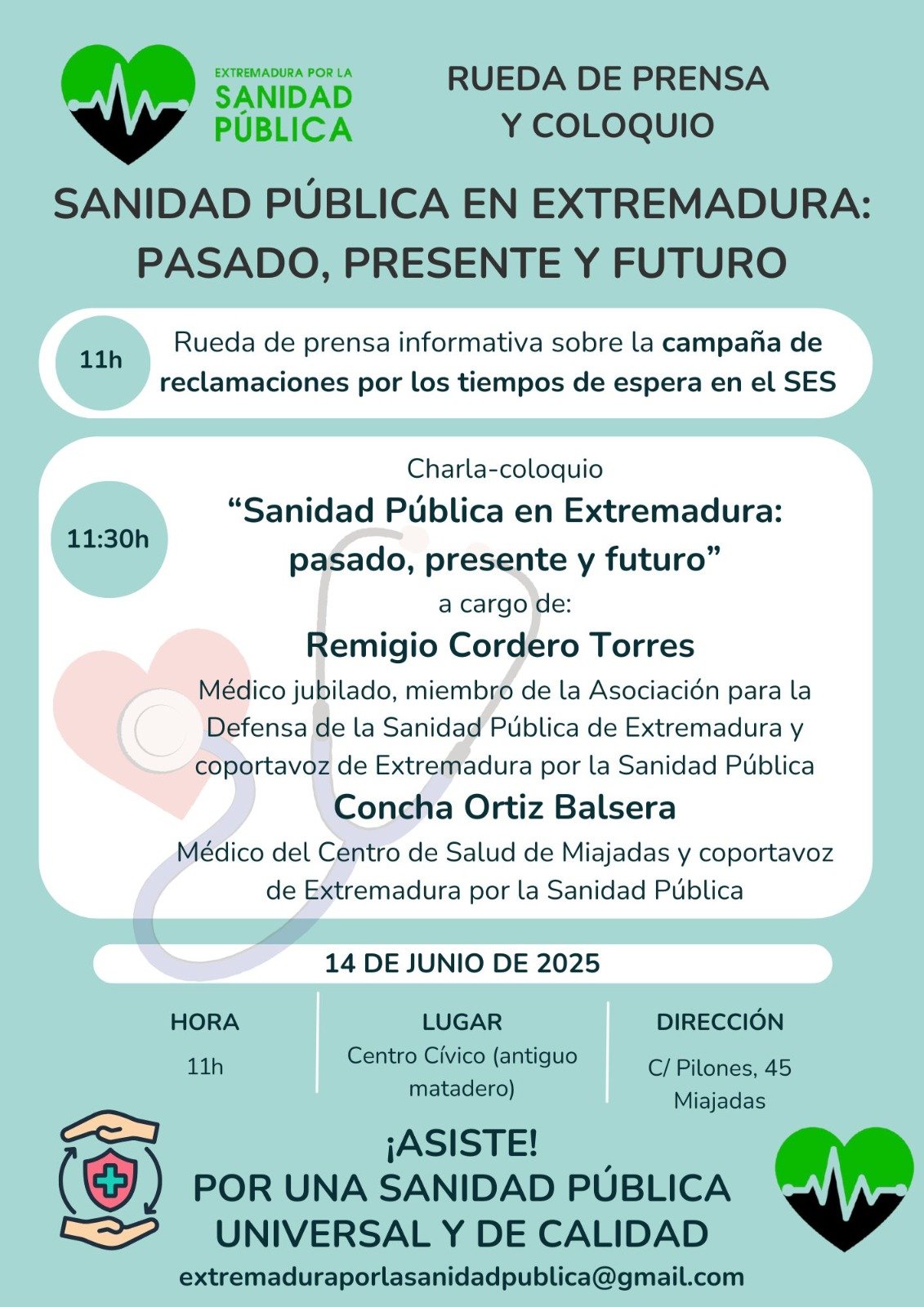 La Plataforma en Defensa de la Sanidad Pública presentará este sábado en Miajadas su campaña por reducir los tiempos de espera en la atención sanitaria.