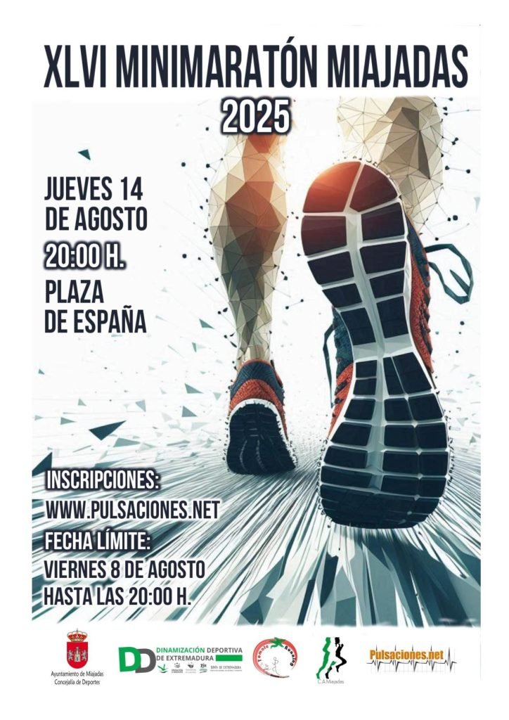 Cartel promocional del XLVI Minimaratón Miajadas 2025 con un corredor en primer plano.