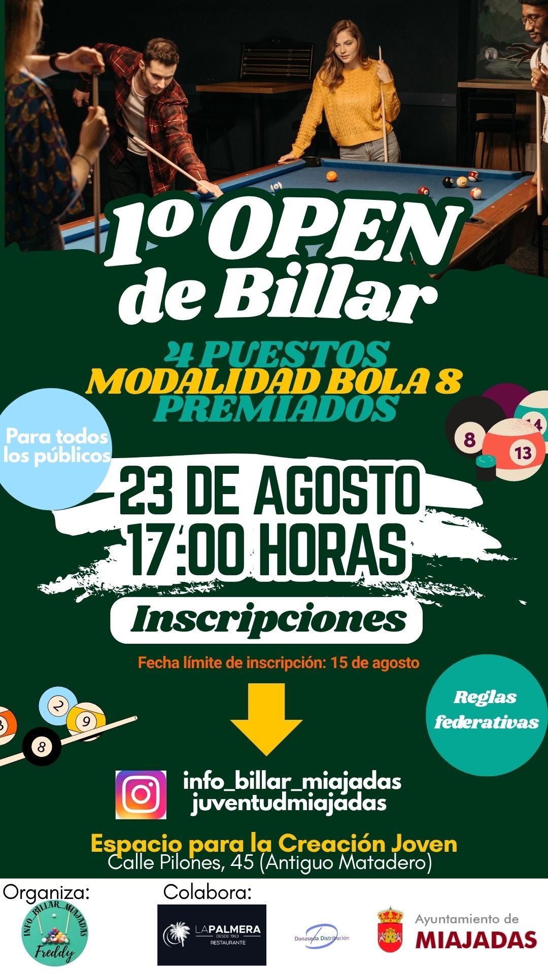 El Espacio para la Creación Joven de Miajadas celebrará un emocionante torneo abierto de billar el 23 de agosto
