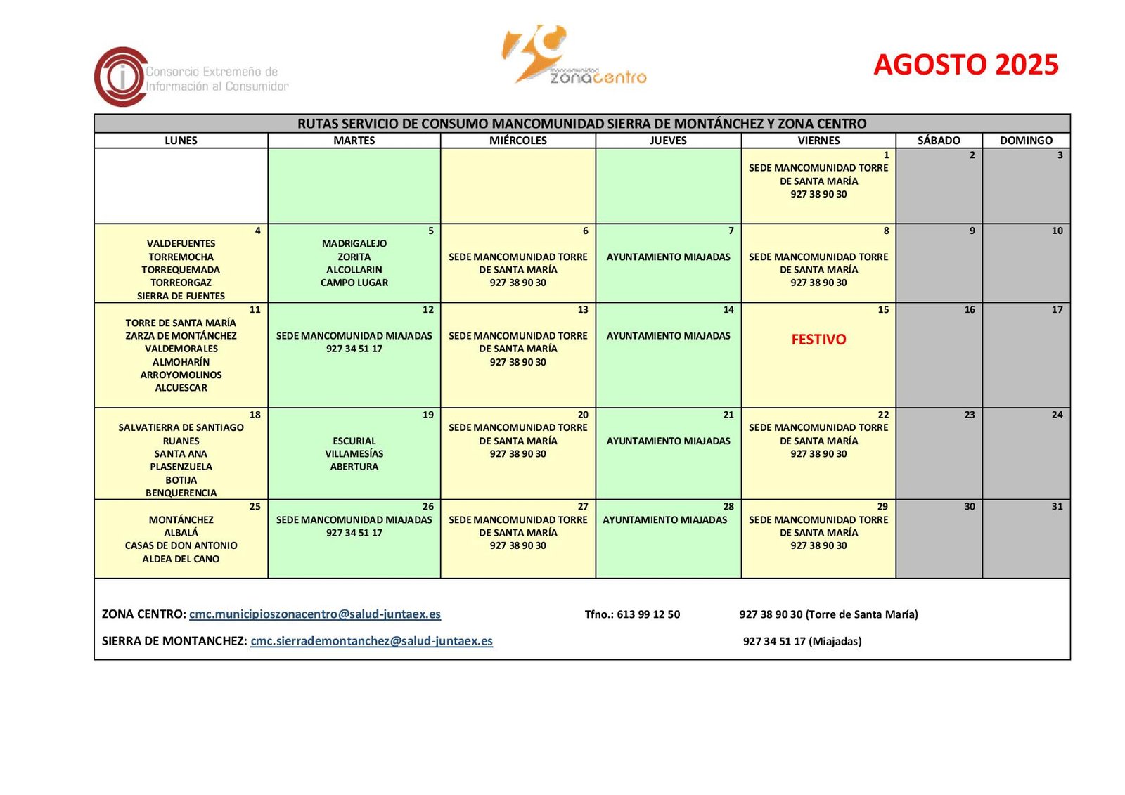 Calendario Oficial de Actividades y Servicios de la Oficina de Consumo para Agosto 2025