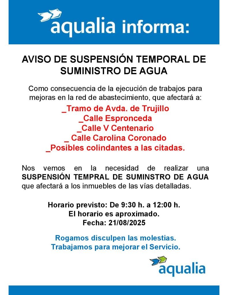 Corte temporal del agua mañana afectará a varias calles de la localidad por mantenimiento programado