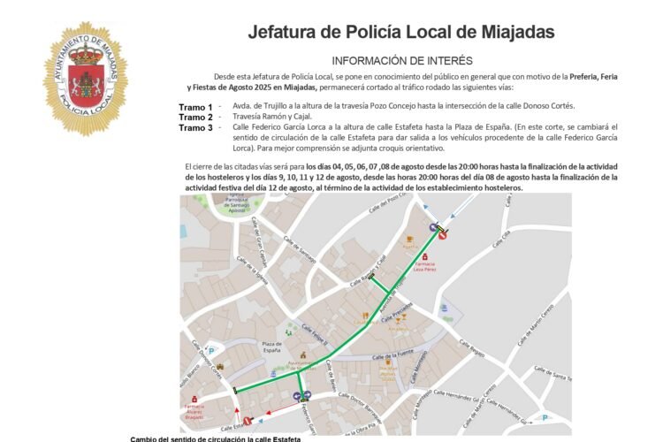 El centro de Miajadas estará cerrado al tráfico durante Feria y Preferia para garantizar tu seguridad y disfrute
