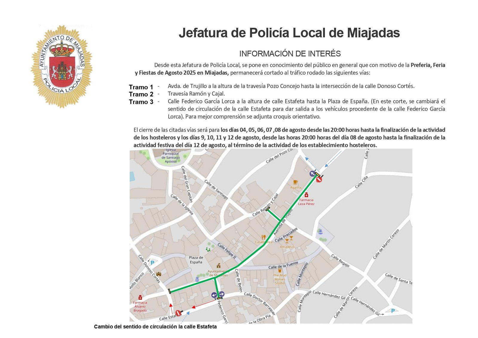El centro de Miajadas estará cerrado al tráfico durante Feria y Preferia para garantizar tu seguridad y disfrute