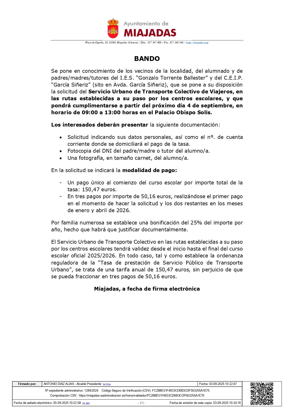 El 4 de septiembre comienza la inscripción para el transporte escolar urbano destinado a centros educativos