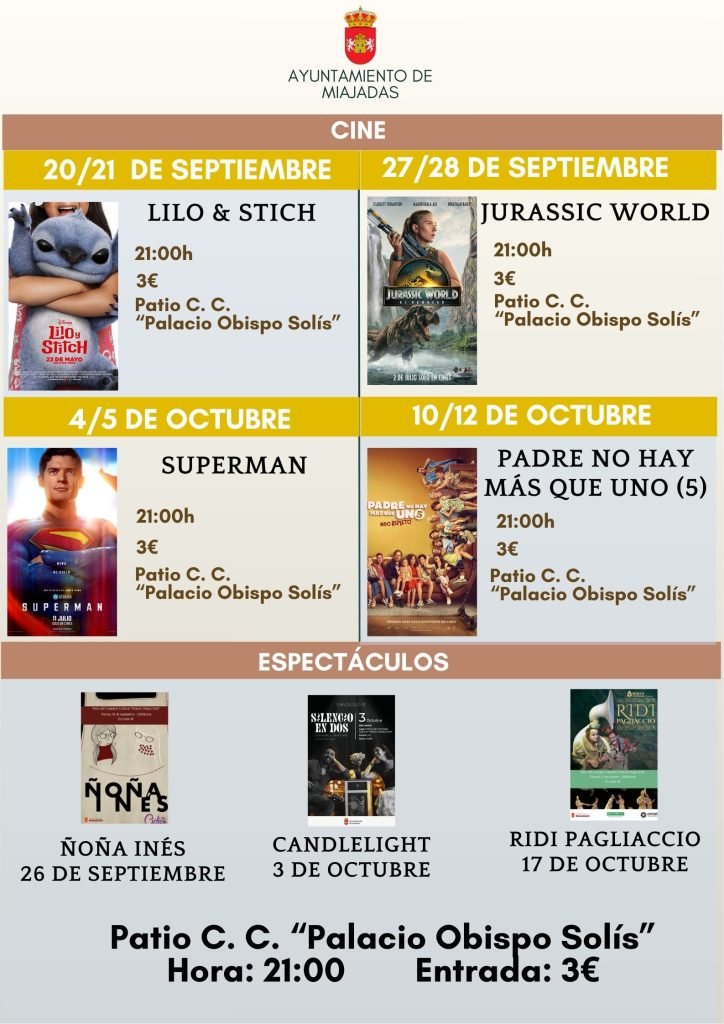 Disfruta en septiembre y octubre de cine y teatro en el encantador patio del Palacio Obispo Solís