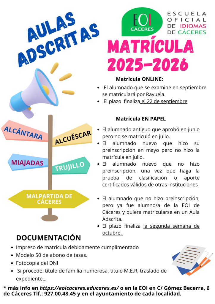 Iniciamos el período de matrícula en el Aula de Miajadas, centro adscrito a la Escuela de Idiomas Oficiales (EOI), ¡inscríbete ya